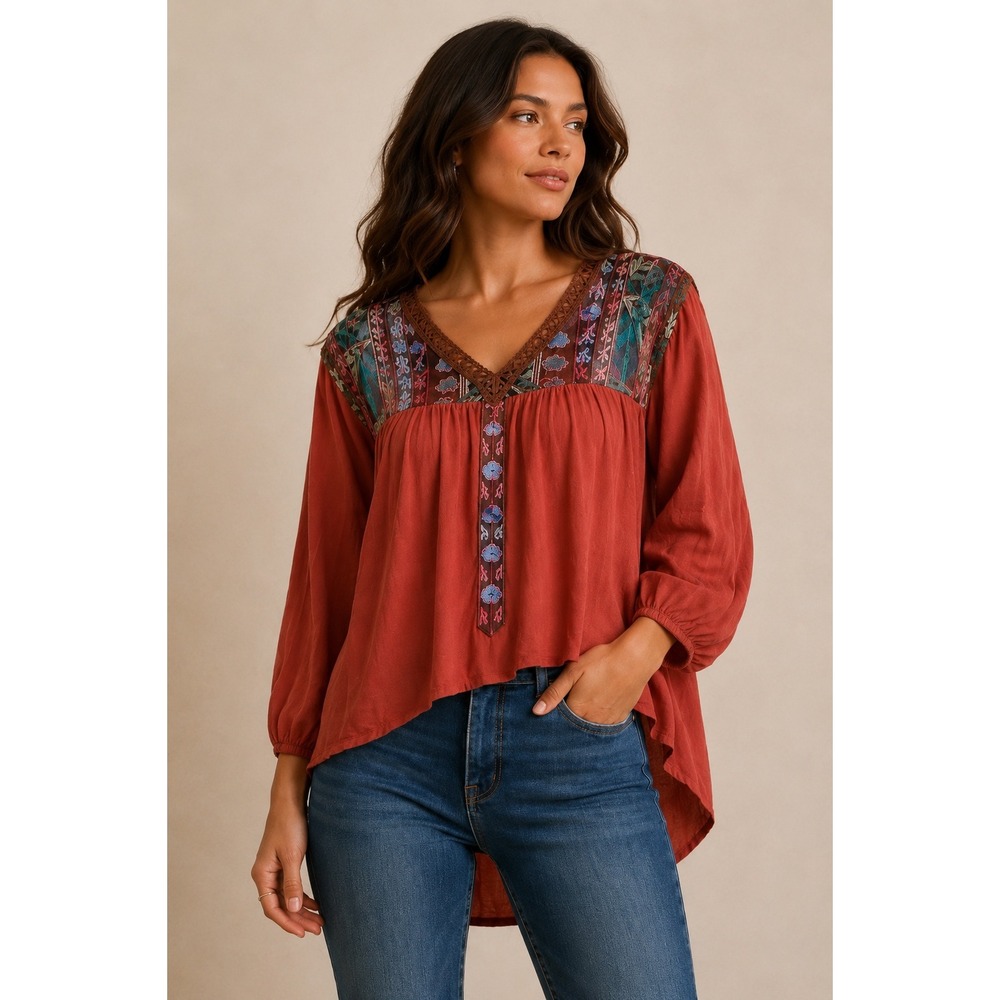 Cotton Bleu Rust Embroidered V-Neck Boho Peasant Blouse Top IWT6235 Small